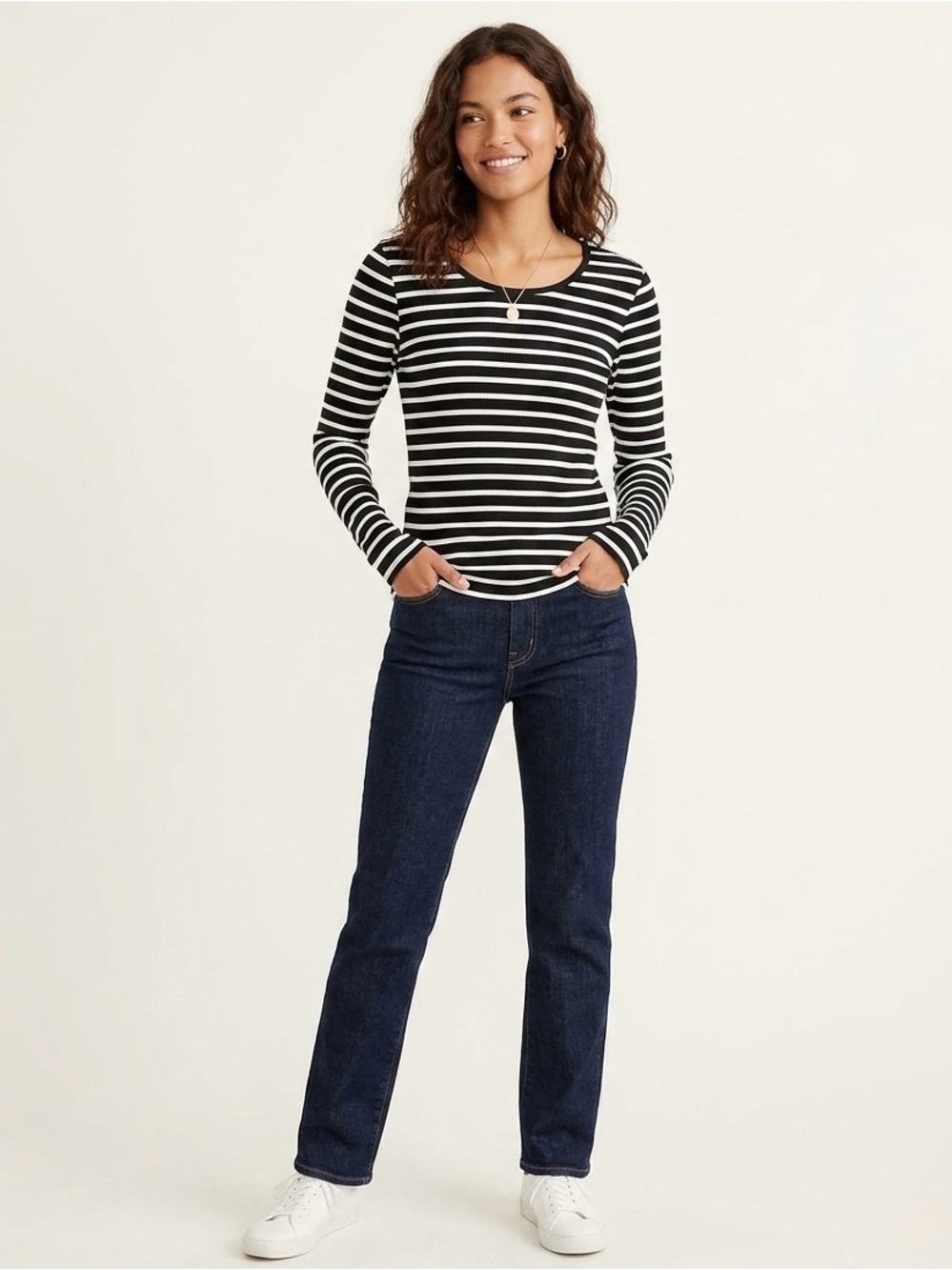 J. Crew Black and White Long-sleeve crewneck top in striped vintage rib. Small